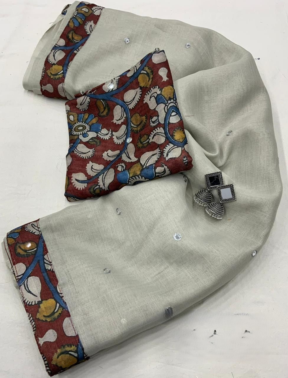 kalamkari printed jute Linen Elegance Saree with aari mirror work.